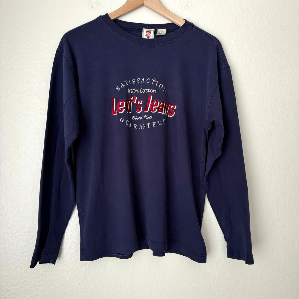 Vintage 90s Levi's Womens Blue Classic Embroidered Longsleeve T-Shirt Size Large